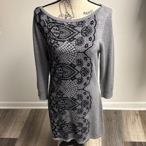 Y2k White House Black Market Gray and Black Lace Print Sweater Dress